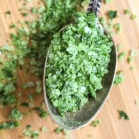 a spoonful of wild garlic salt close up.