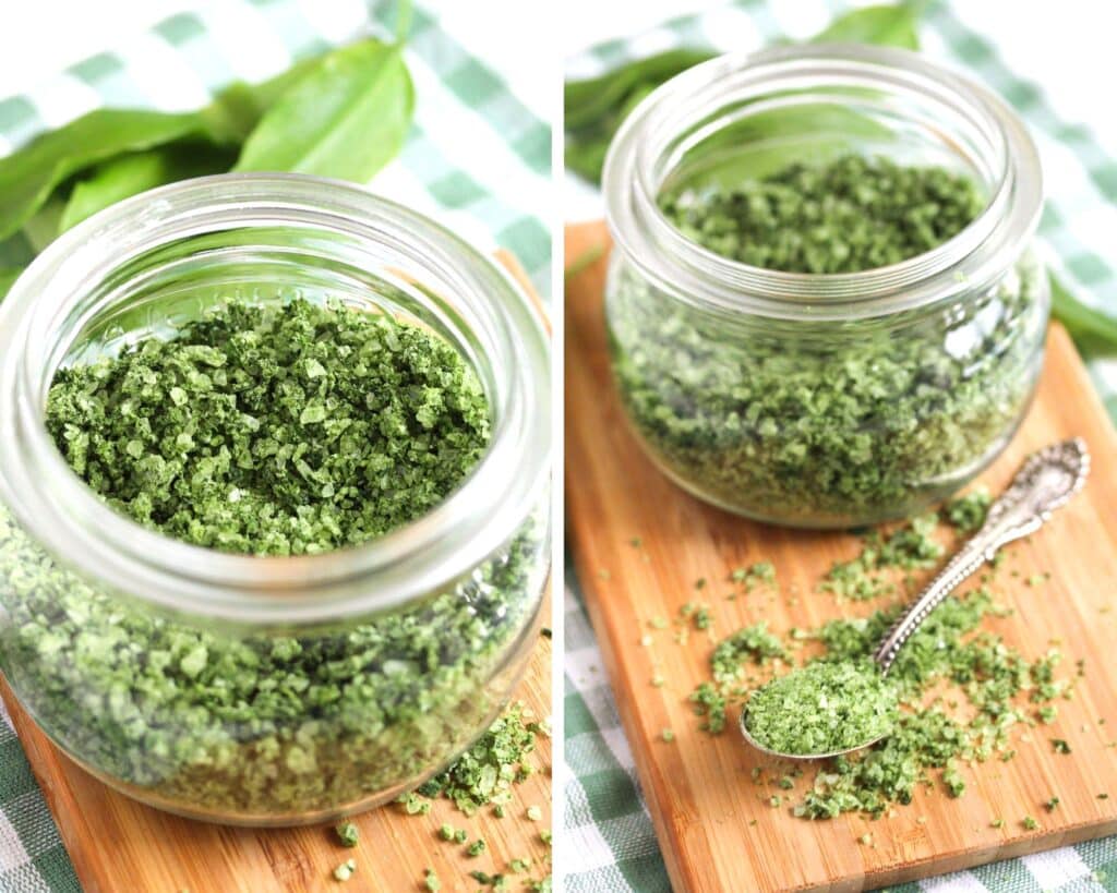 collage of two pictures of a jar of herb salt.