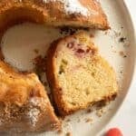 slice of strawberry rhubarb bundt cake.