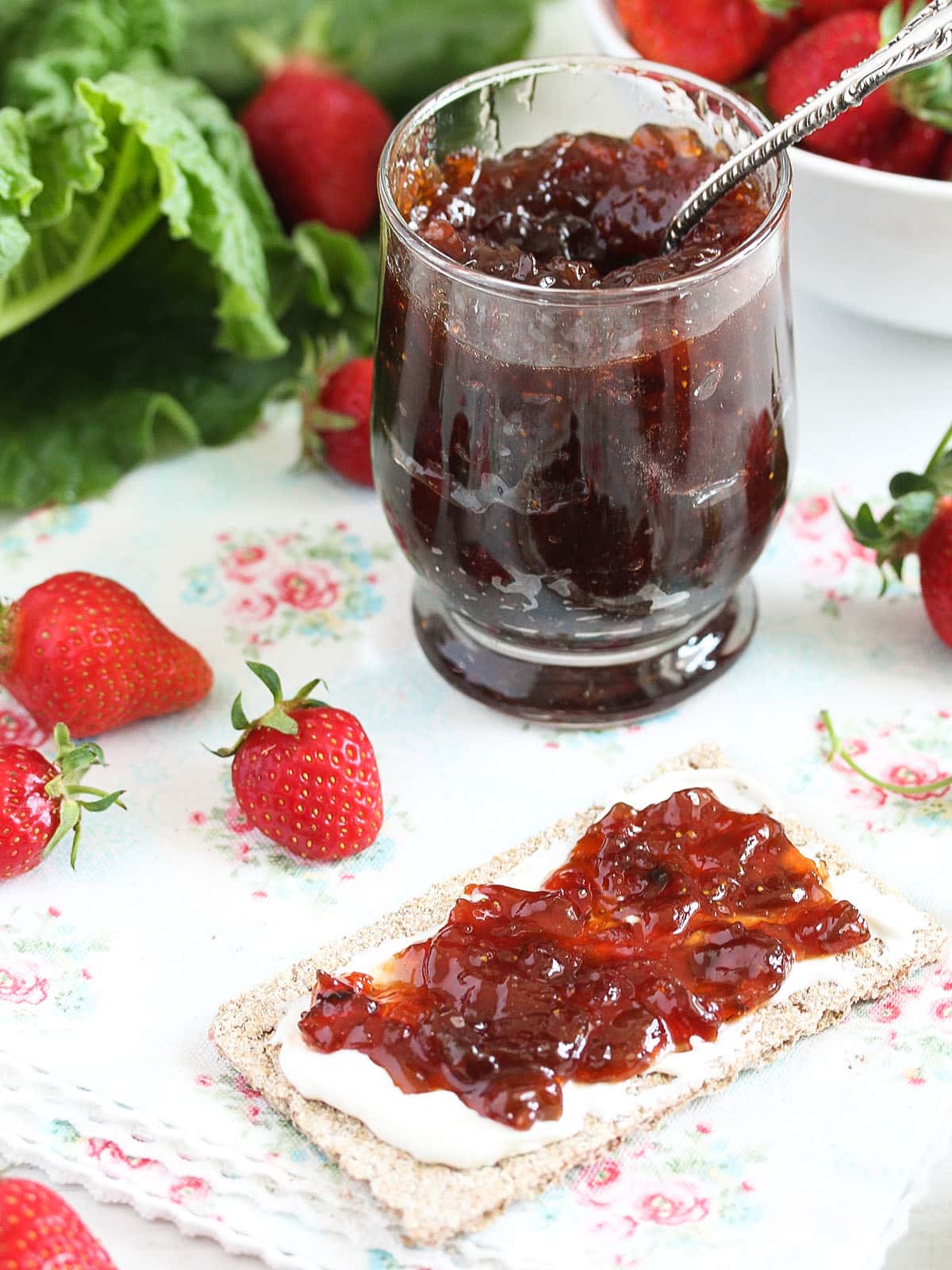 no pectin strawberry rhubarb jam in a jar and spread on crispbread.
