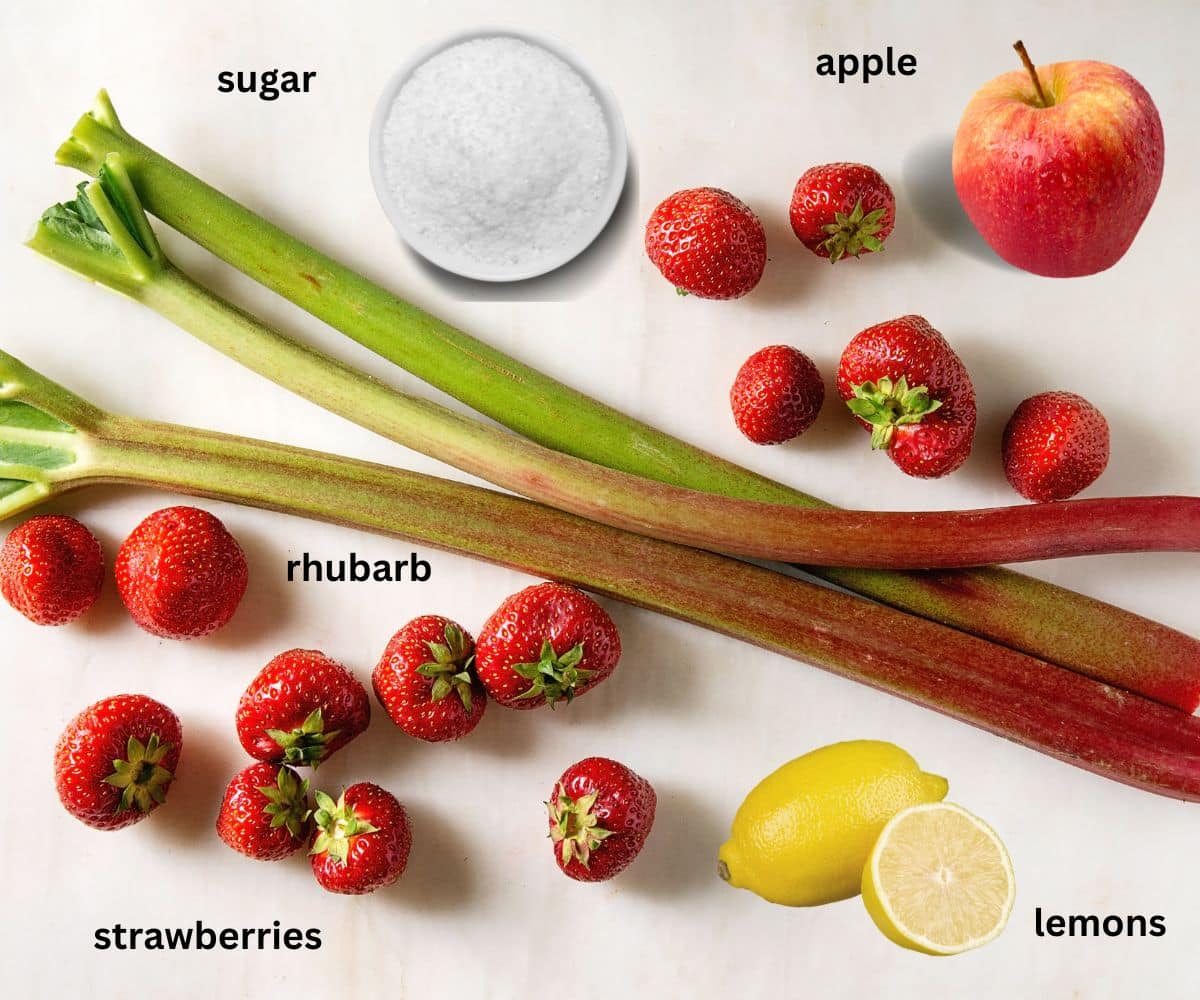 listed ingredients for making strawberry and rhubarb jam.