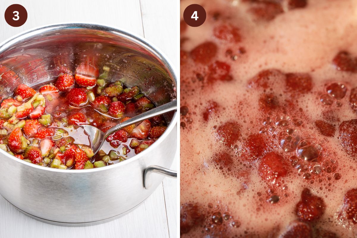 collage of two pictures of cooking jam in a pot and the foam that's building.