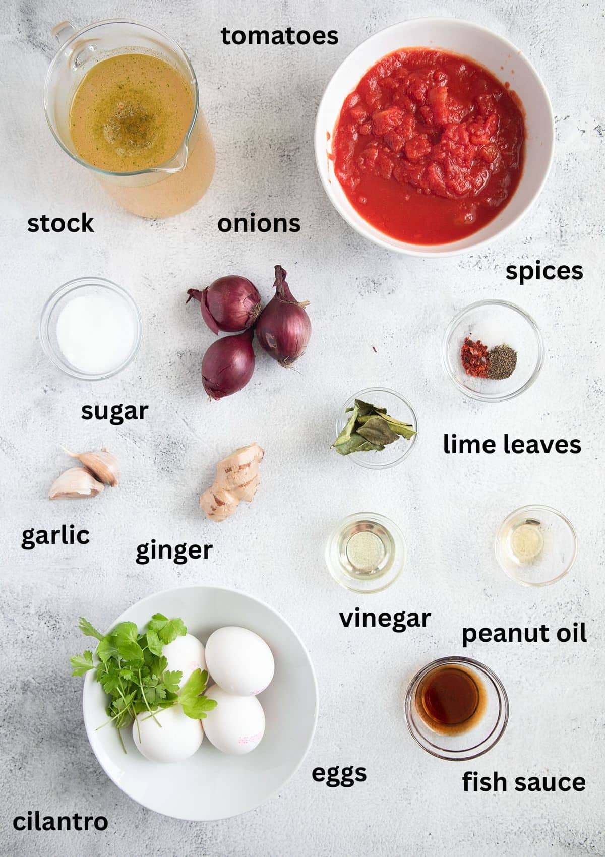 labeled ingredients for making tomato soup with spices and poached eggs.
