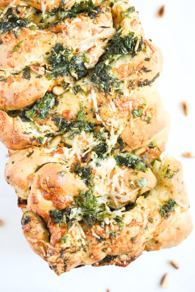 overhead view of pull apart wild garlic bread.