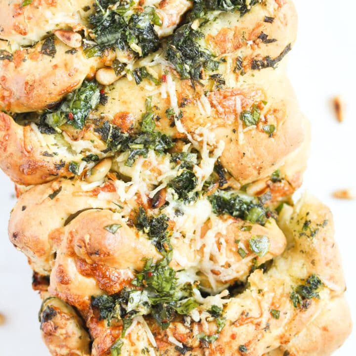 overhead view of pull apart wild garlic bread.