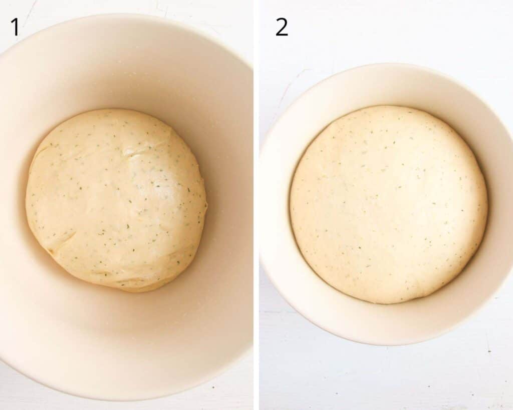 herbed yeast dough before and after rising.