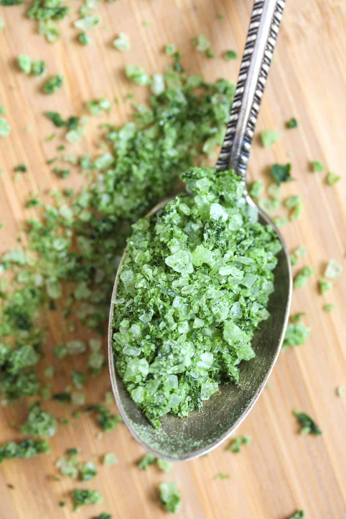 coarse wild garlic salt on a vintage spoon.