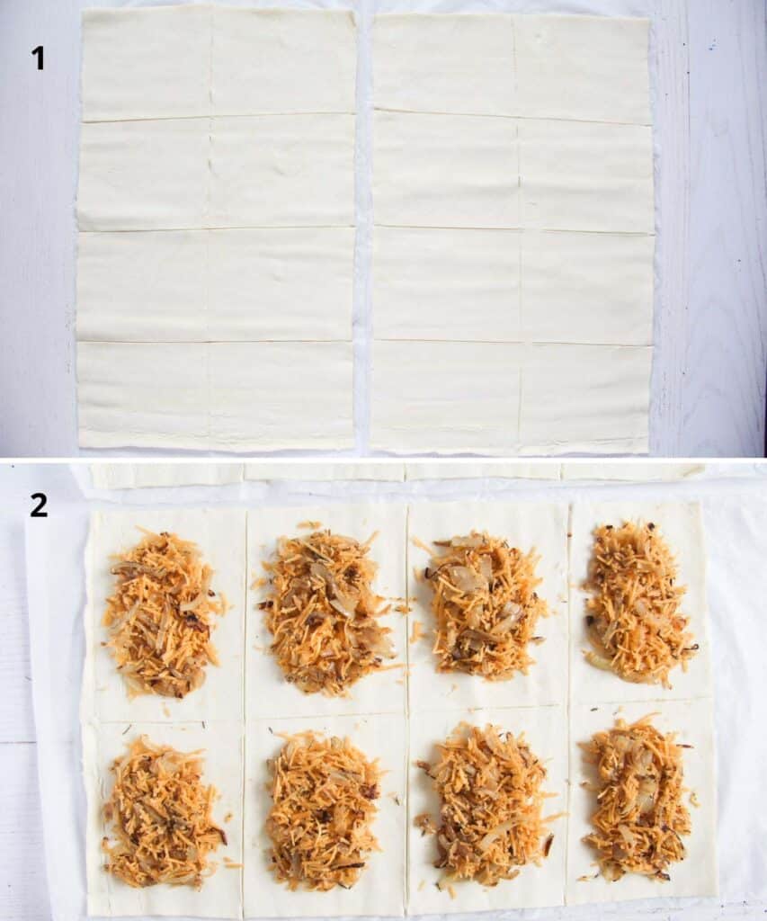 collage of two pictures of rolled and cut pastry and then filled with cheddar and onions.