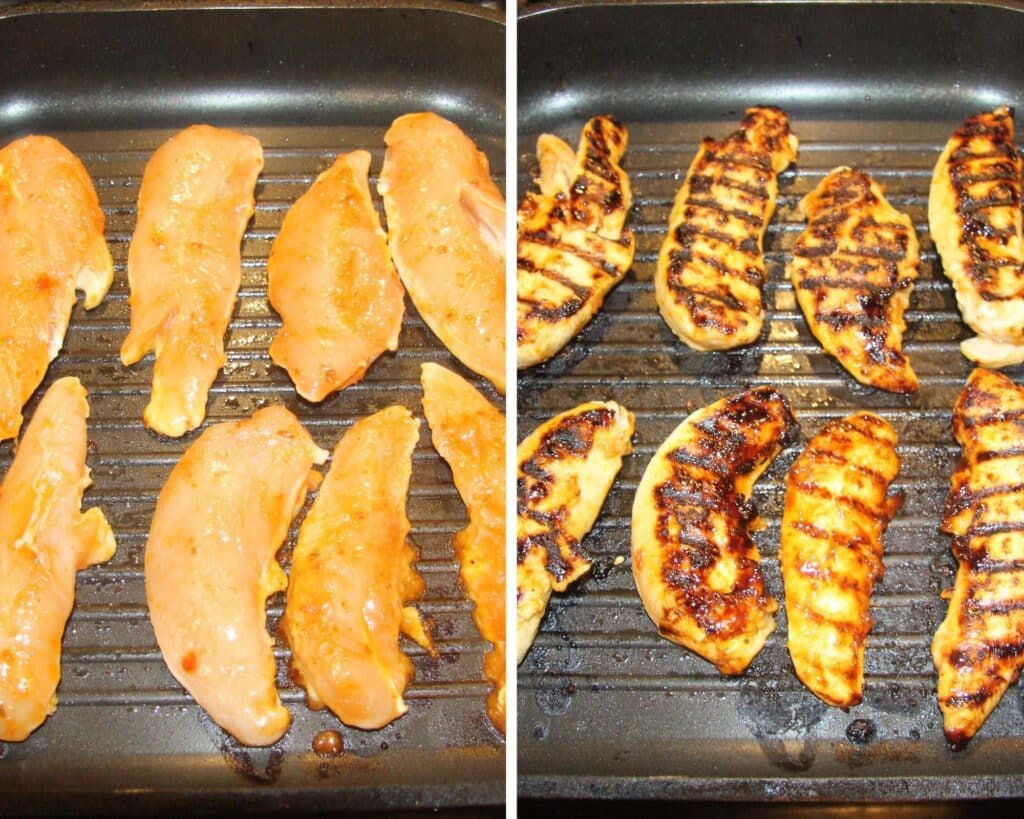 collage of two pictures of raw and then cooked chicken strips cooked in a grill pan.