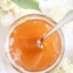 pin image with the title elderflower jam.