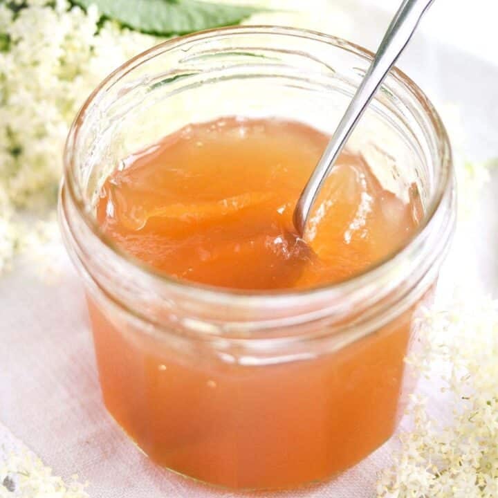 elderflower jelly with apple juice in a small jar.