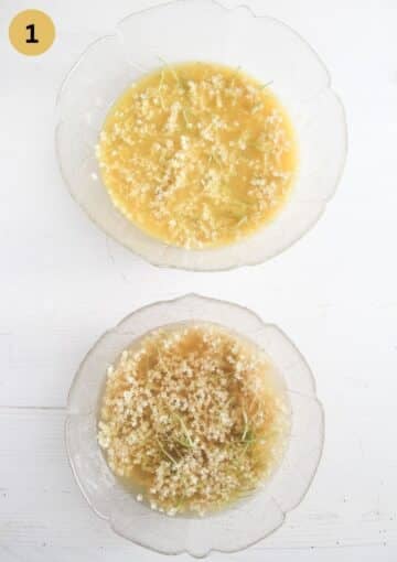 two bowls with elderflowers soaking in apple juice and orang juice.