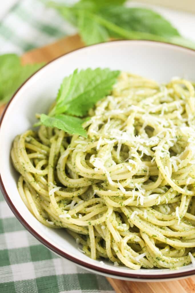 bowl of pasta sprinkled with herbs and parmesan.
