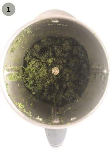 blended lemon balm leaves in a food processor for making pesto.