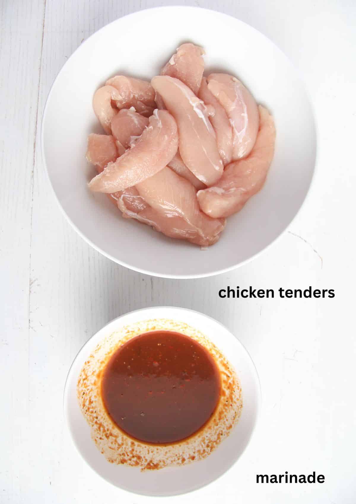 one bowl with raw chicken tenders and one with marinate, both labeled.