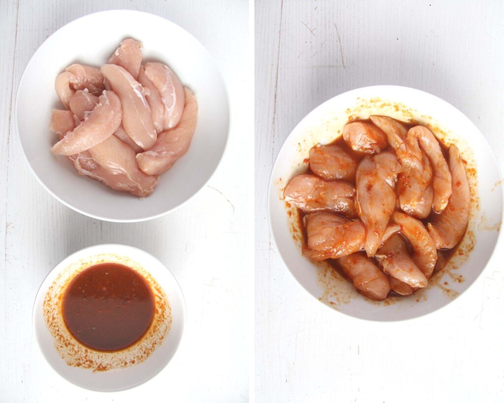 collage of two pictures of chicken strips, a bowl with marinade and meat marinated in another bowl.