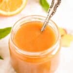 pin image with the title orange rhubarb jam.