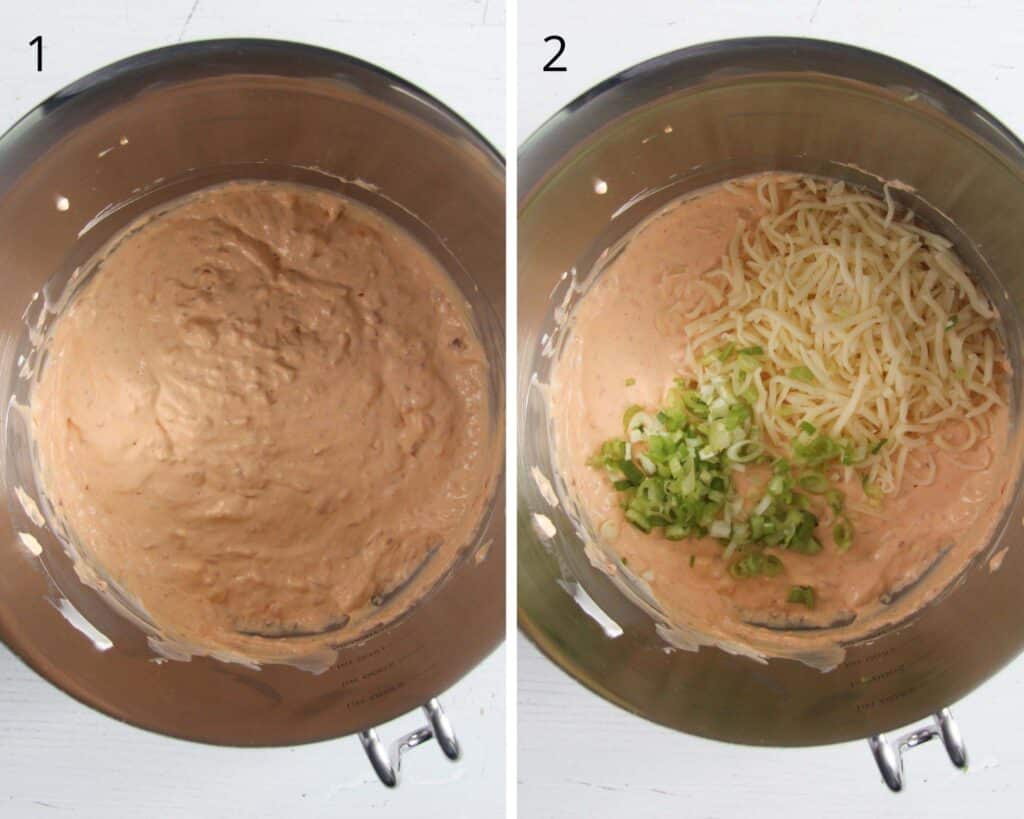 collage of two pictures of mixing cream cheese, sour cream, green onions and grated cheese in a large bowl.