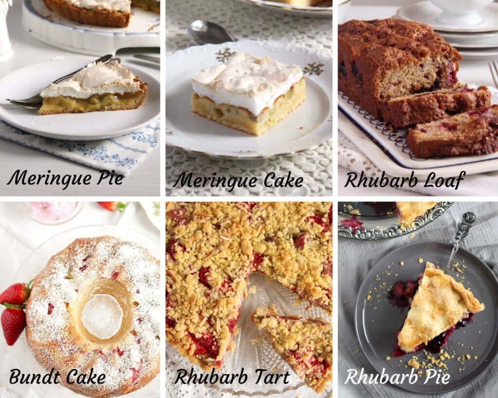 collage of six rhubarb cakes: meringue pie, meringue cake, loaf, bundt cake, tart and pie.