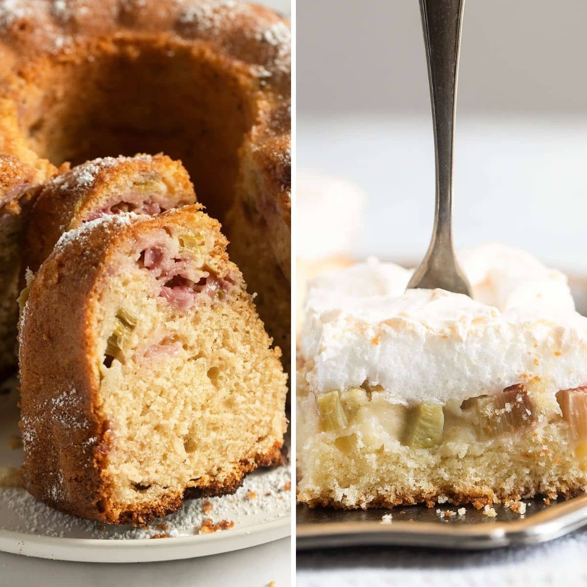 collage of two pictures of rhubarb cake recipes.