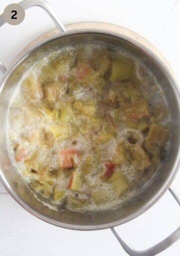 cooked rhubarb with sugar in a pot for making custard.