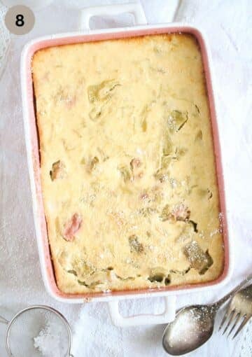 baked rhubarb pudding in a baking dish.
