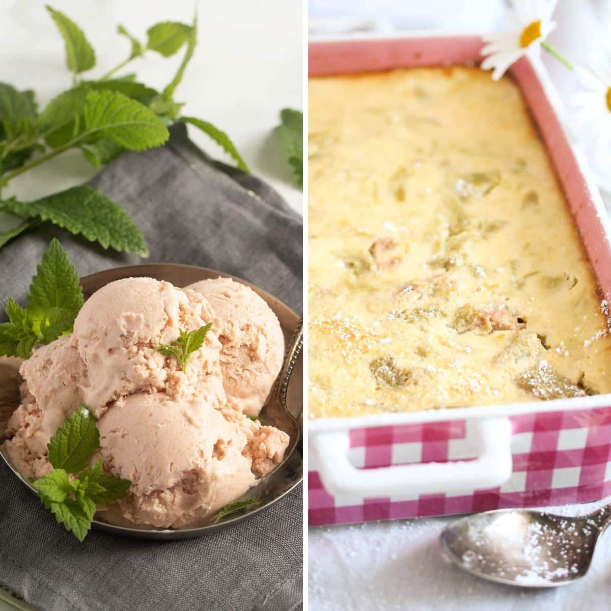 collage of two pictures of rhubarb ice cream and rhubarb pudding.