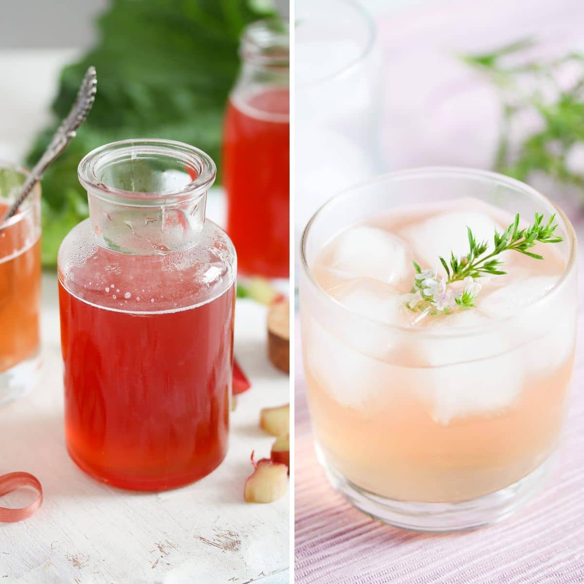 collage of two pictures of rhubarb syrup and rhubarb gin cocktail.