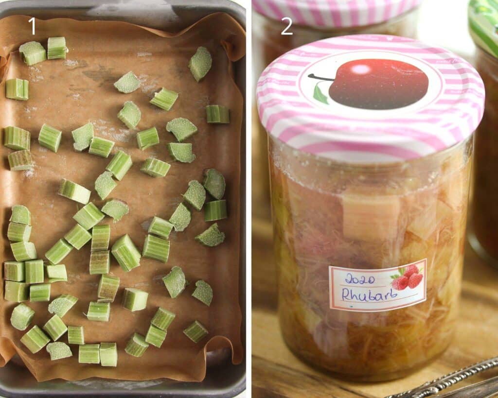 collage of two pictures of frozen rhubarb in a tin and canned in a jar.