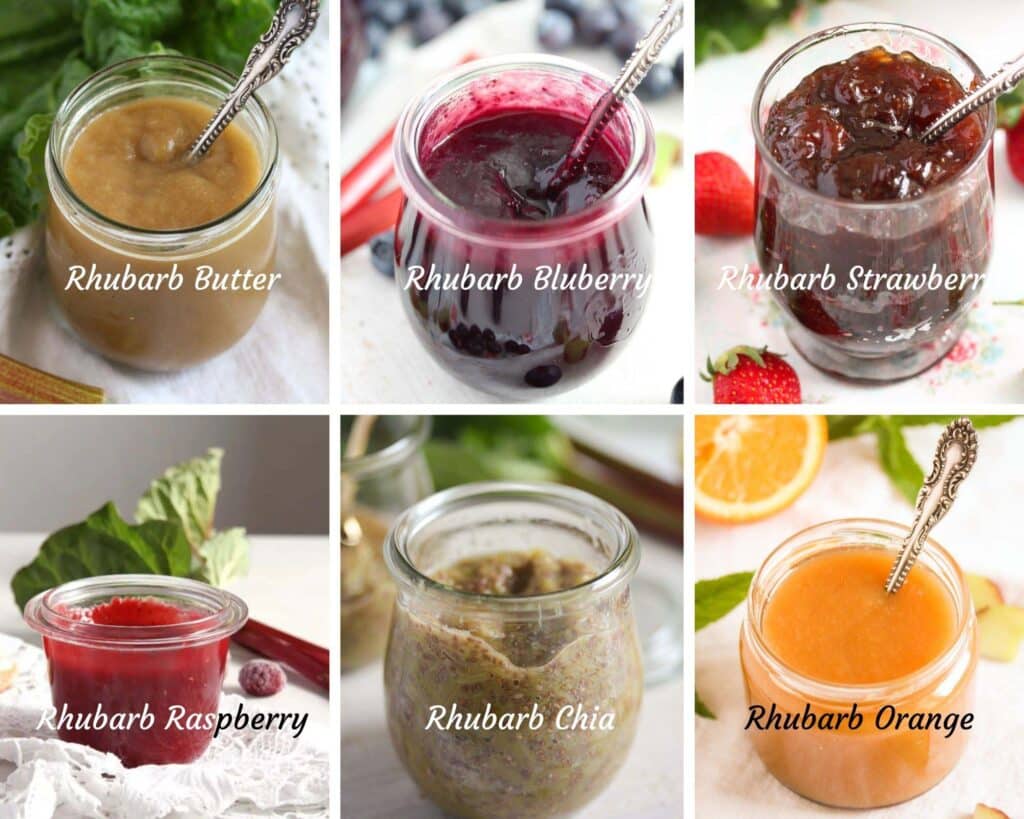 collage of 6 pictures with different sorts of rhubarb jam: butter, blueberry, strawberry, raspberry, chia, orange.