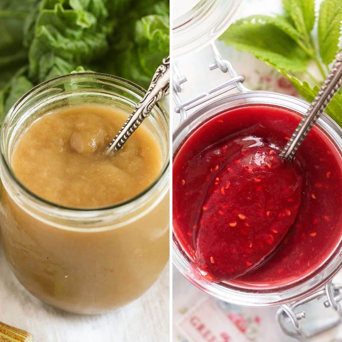 collage of two pictures of rhubarb butter and rhubarb raspberry jam.