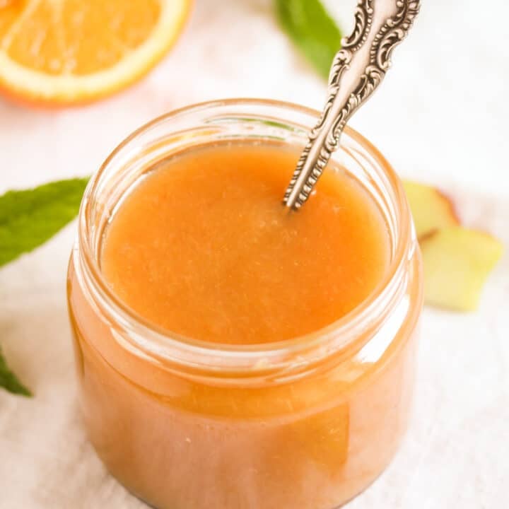 close up jam of rhubarb and orange jam.