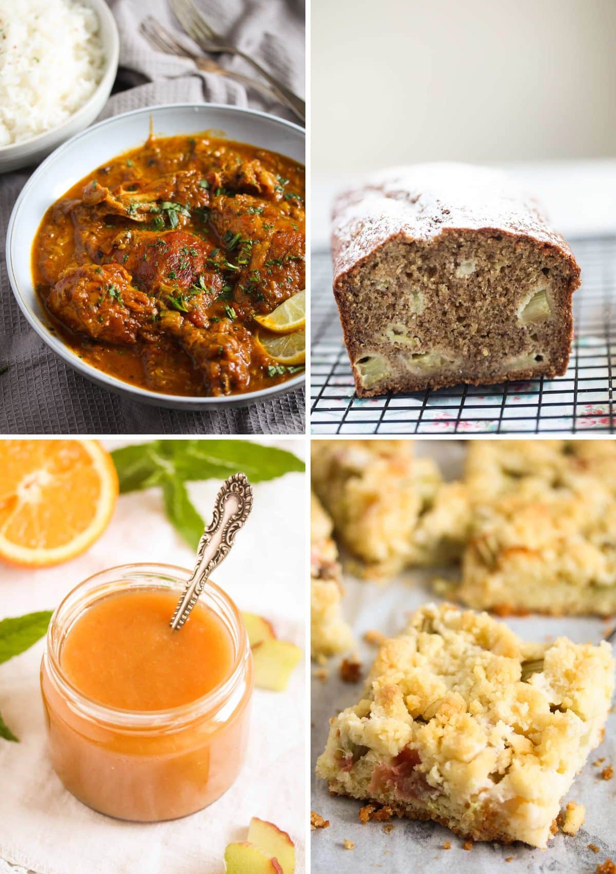 collage of four pictures of rhubarb chicken, rhubarb bread, rhubarb jam and rhubarb cake.
