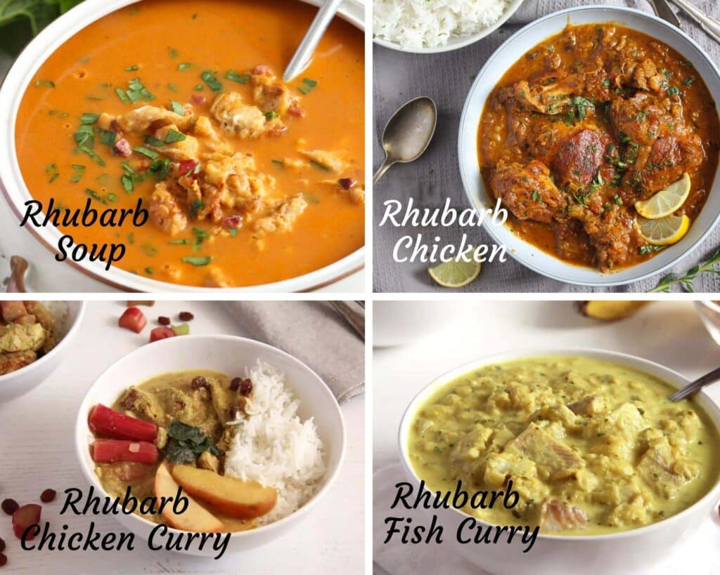 collage of four pictures of savory rhubarb recipes: soup, chicken, chicken curry, fish curry.