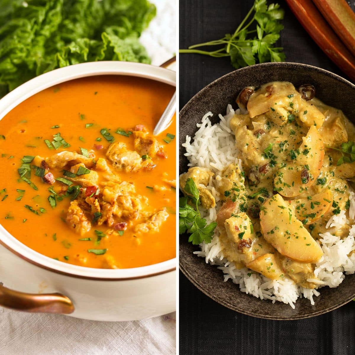 collage of two pictures of rhubarb soup and rhubarb chicken curry.