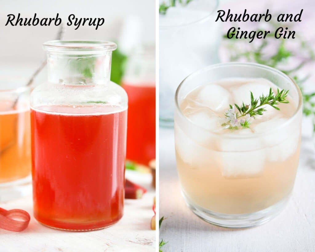 collage of two pictures of rhubarb syrup and rhubarb and ginger gin.