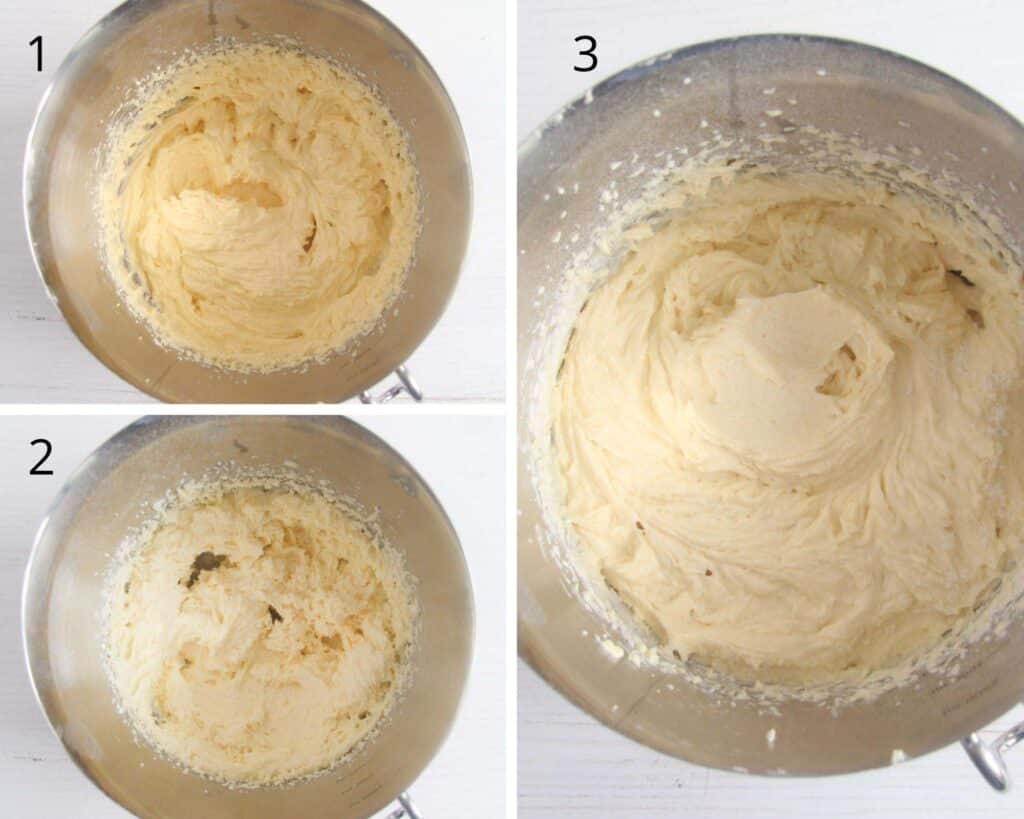 collage of three pictures of stirring batter for cake in a bowl.
