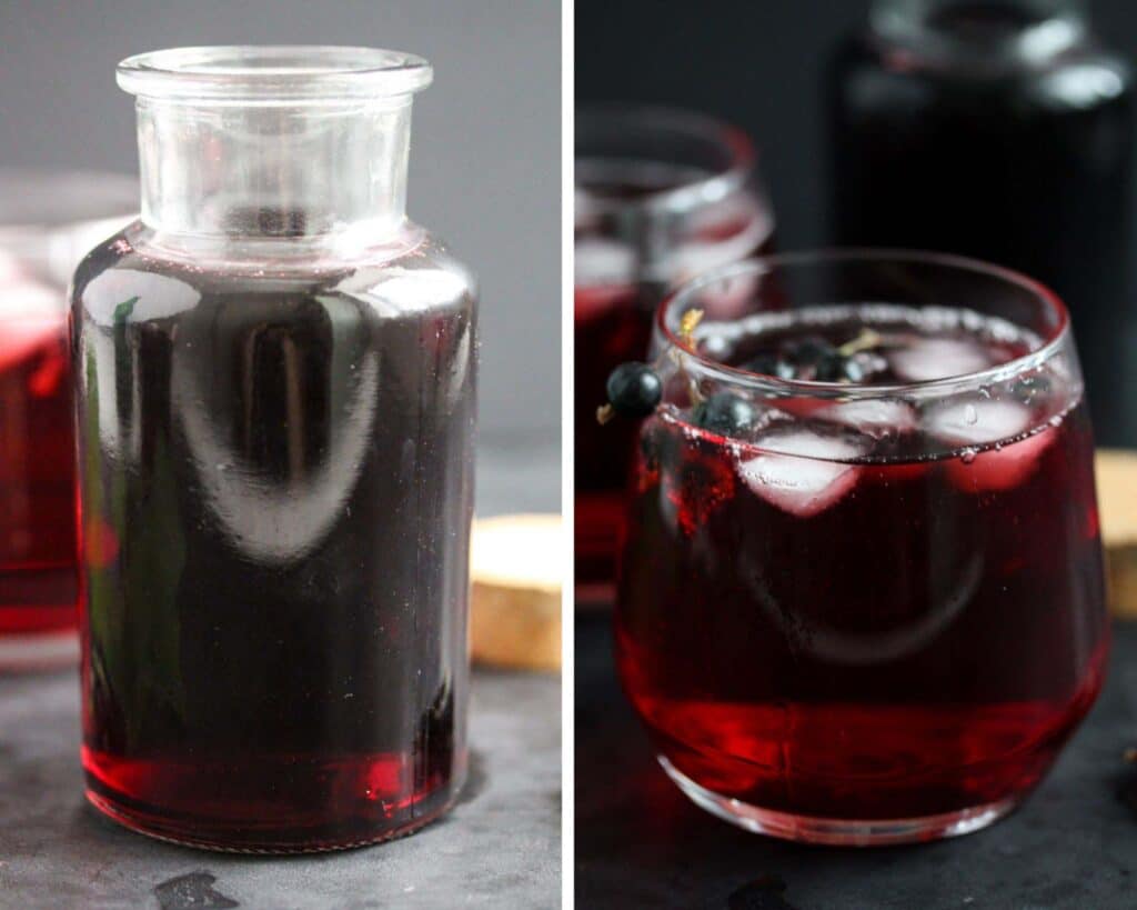 collage of two pictures of homemade cordial in a bottle and in a glass.