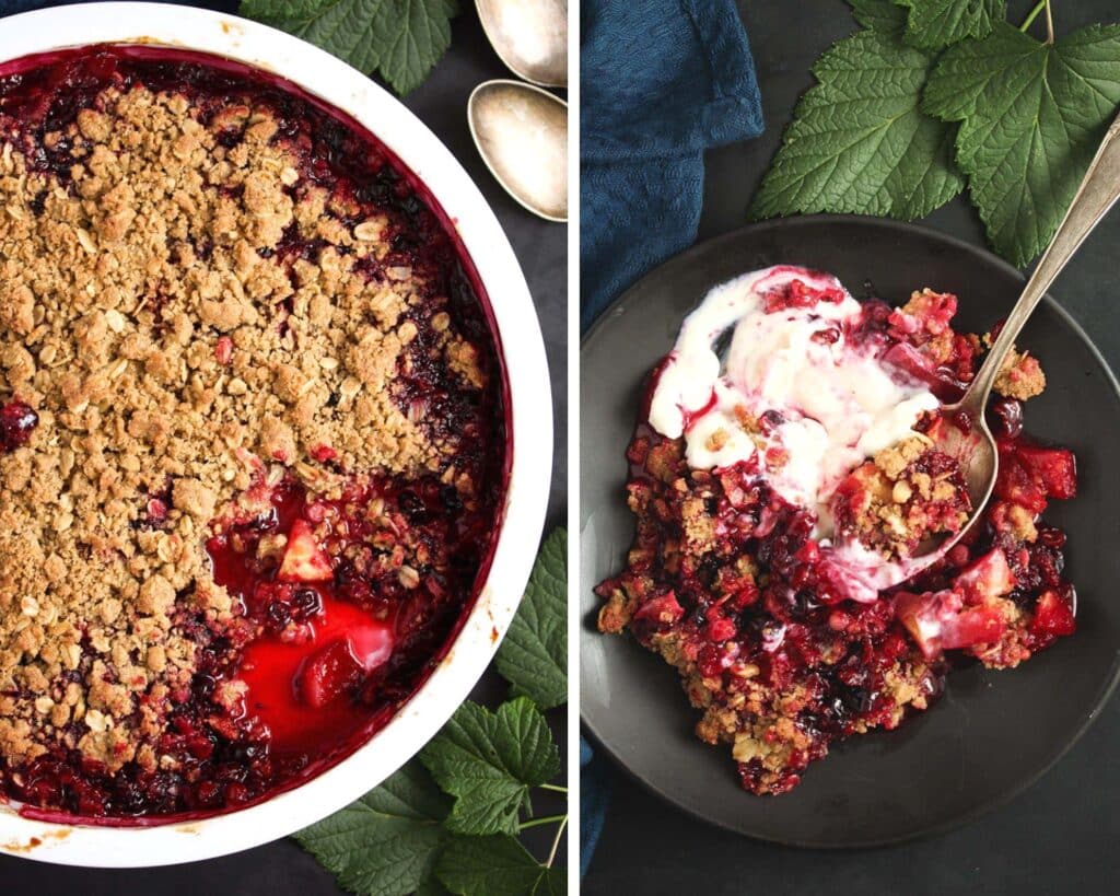 collage of two pictures of currant dessert in a baking dish and on a plate.