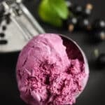 close up of a ball of purple ice cream in a scoop.