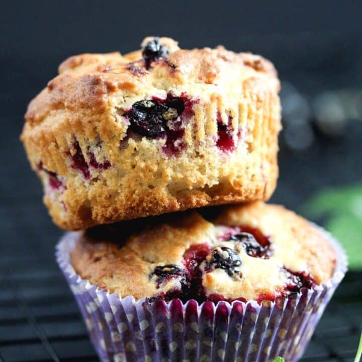 black currant muffins stapled on each other.