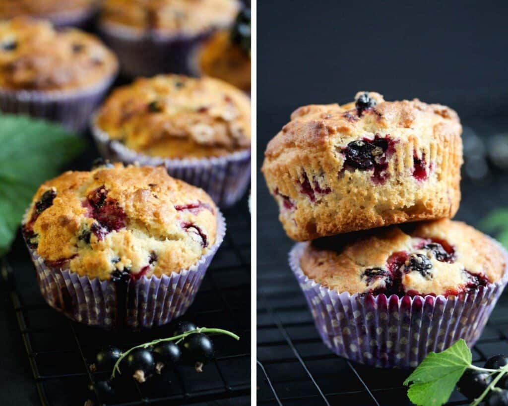 collage of two pictures of muffins with berries.