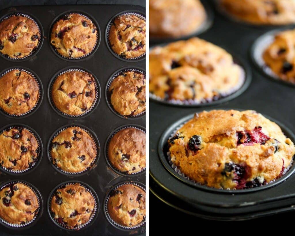 collage of two pictures of a tin full of baked muffins.