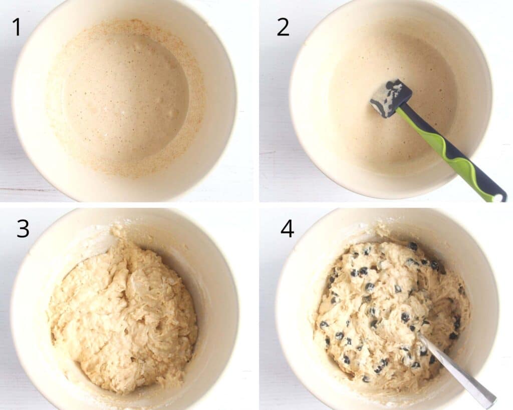 collage of four pictures showing how to make batter with berries.