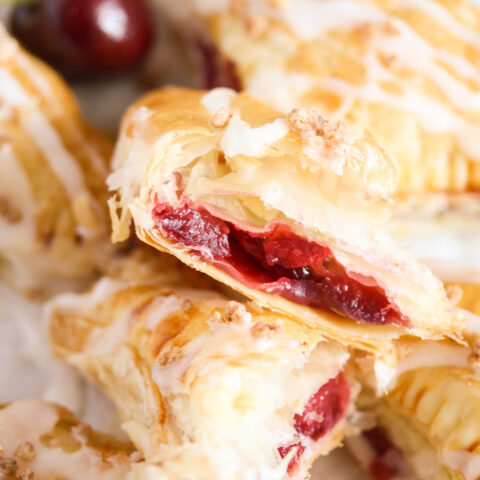 close up of turnover showing the red filling.