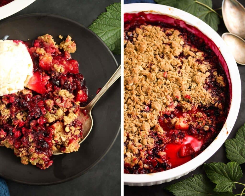 collage of two pictures of berries and crisp on a plate and in a dish.