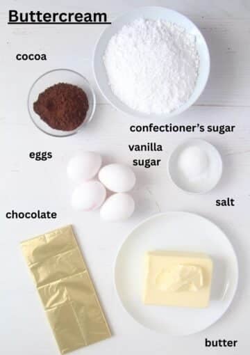 ingredients for dobos torte buttercream: chocolate, icing sugar, cocoa, eggs, sugar, salt, butter.