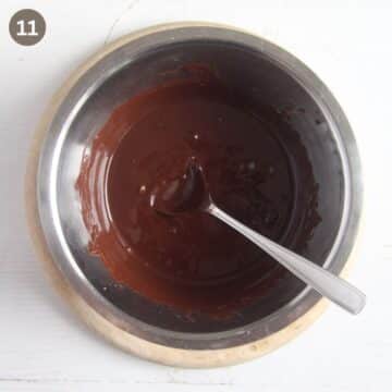 melted chocolate in a metal bowl.