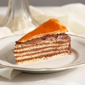 one slice of dobos torte cut to show the layers.