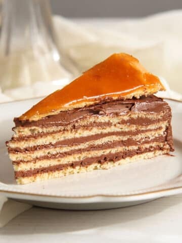one slice of dobos torte cut to show the layers.